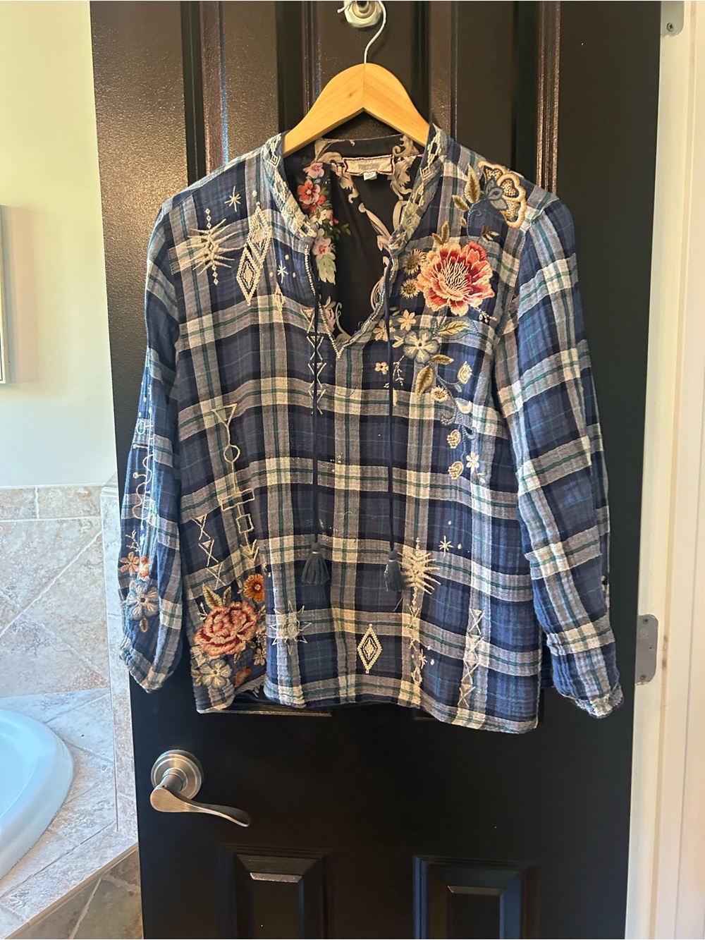 Johnny Was Blue Plaid Embroidered Peasant Top